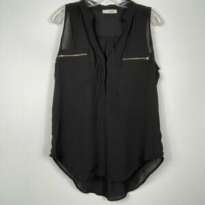 MNK Women's Chiffon Sleeveless Button Up Blouse Black Gold Zippers Large